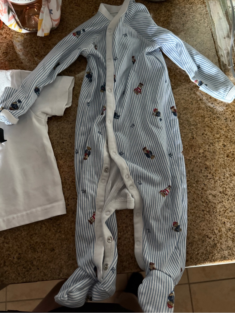 Polo by Ralph Lauren Blue & White Striped Footed Pajama with Polo Bear Print